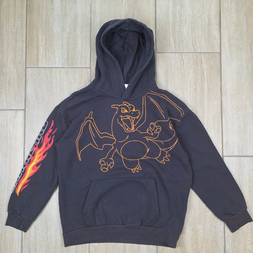 Pokemon Charizard Hoodie Youth L Gray Graphic Pullover Flame Sleeve Sweatshirt